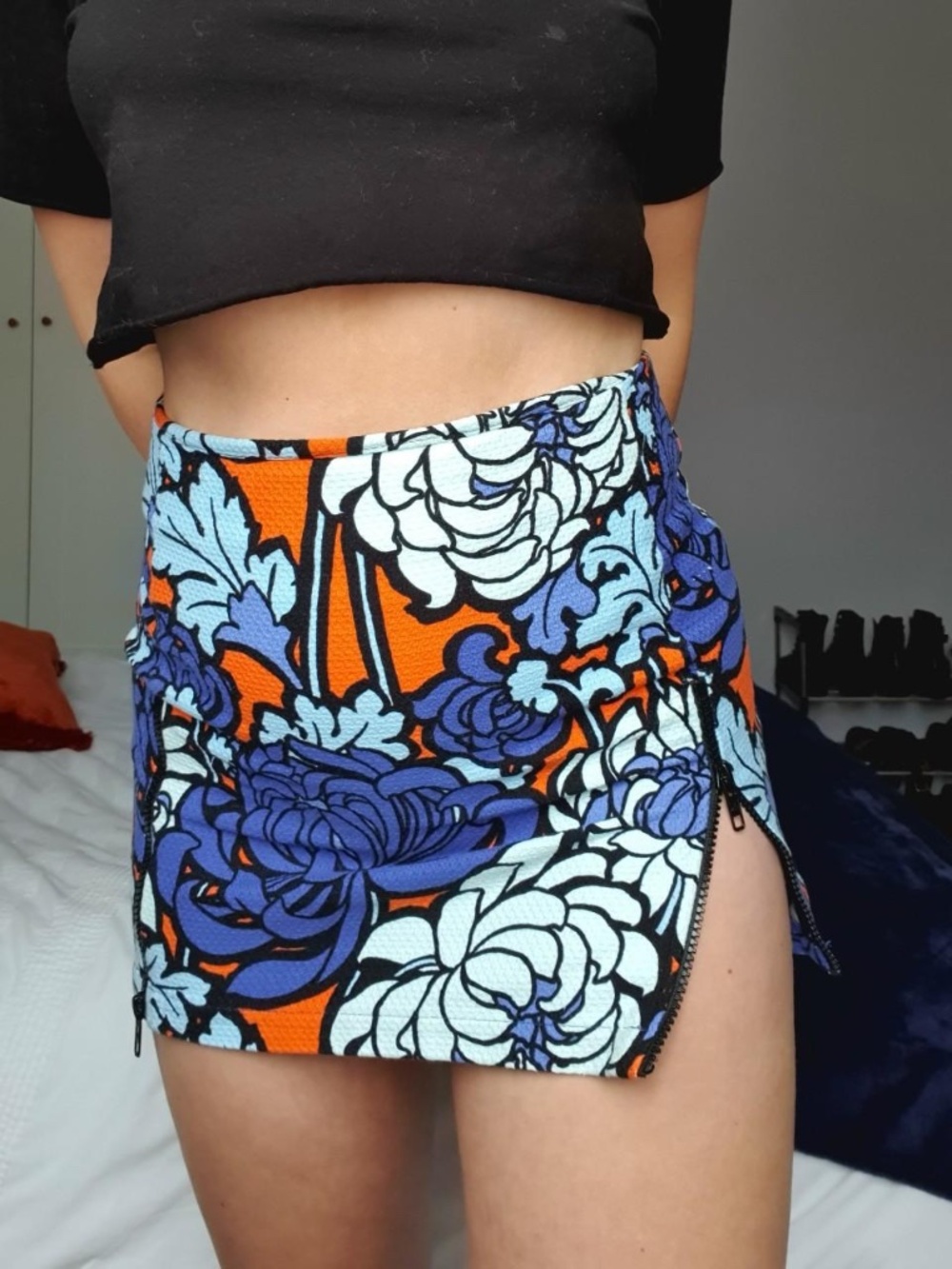 Topshop Vibrant Chrysanthemum Floral Mini Skirt in Orange, Blue and Light Blue